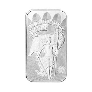 An embossed silver bar featuring an allegorical winged woman, holding a staff, with the motto "E PLURIBUS UNUM" on a banner above.