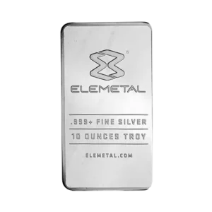 Rectangular silver bar with 'ELEMENTAL' logo and stamps indicating ".999+ FINE SILVER, 10 OUNCES TROY, ELEMENTAL.COM."