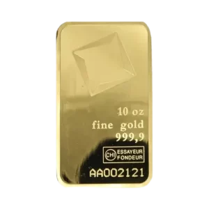 A 10-ounce gold bar with the inscriptions "10 oz fine gold 999,9," the assay mark "CHI ESSAYEUR FONDEUR," and the serial number "AA002121."