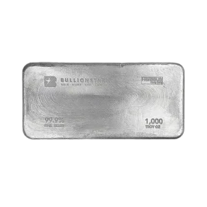 A 1,000 troy ounce rectangular silver bullion bar with engraved text and markings on its textured surface.