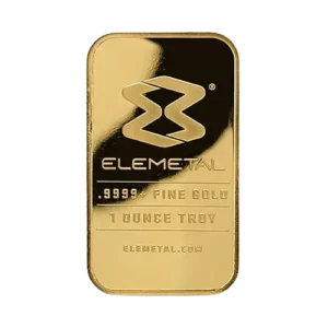 Rectangular 1-ounce troy gold bar by ELEMetal with .9999 fine gold purity engraving, featuring a logo at the top and the brand's website at the bottom, against a dark background.