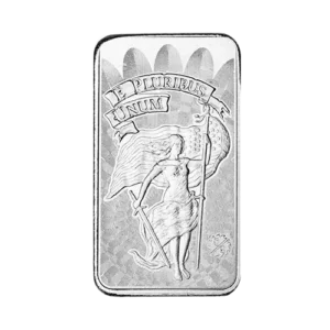 Rectangular silver bar engraved with "E PLURIBUS UNUM" and a high-relief image of Lady Liberty holding a branch and partially draped with an American flag, alongside a shield and a maker's mark.