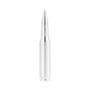 Profile view of a 10-ounce .50 caliber silver bullet with a smooth, polished surface.