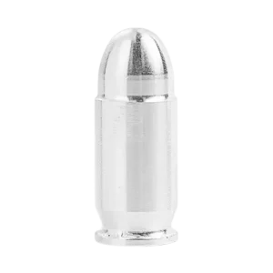 Profile view of a 1-ounce .45 ACP silver bullet with a polished, metallic finish.