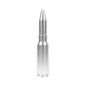 Profile view of a 25-ounce autocannon silver bullet with a smooth, polished surface.