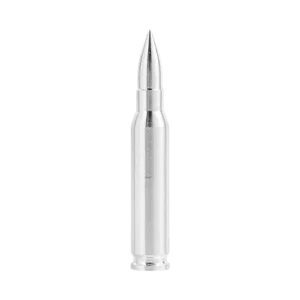 Profile view of a 2-ounce .308 silver bullet with a smooth, reflective finish.