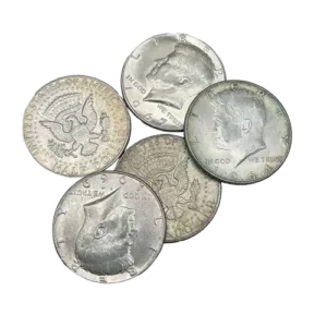 Five American half-dollar coins with obverse and reverse sides displayed.