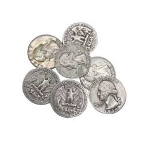 A collection of eight American quarters in a scattered arrangement.