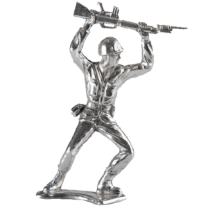 Metallic figurine of a soldier holding a rifle above his head.