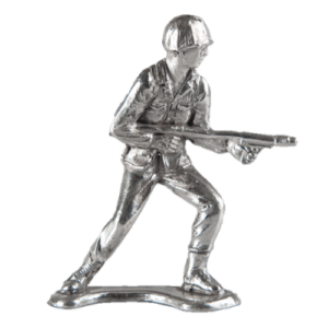 Metallic silver toy soldier figure in a dynamic pose holding a rifle.