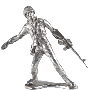 Metallic toy soldier figurine in a dynamic pose, holding a rifle.