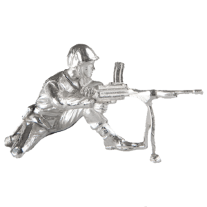 Silver figurine of a soldier lying prone, aiming a rifle mounted on a bipod.