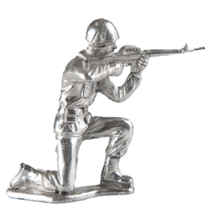 A silver metallic toy soldier kneeling and aiming a rifle.