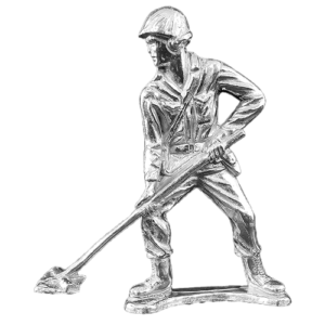 Metallic figurine of a soldier holding a rifle.