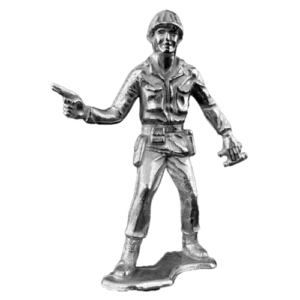 Silver metallic figurine of a soldier standing with a pistol in his right hand.