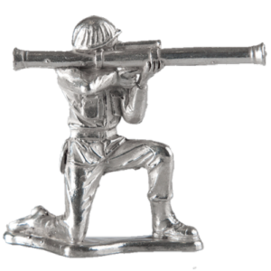 Silver figurine of a kneeling soldier holding a bazooka.