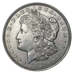 Front side of a 1921 Morgan Silver Dollar featuring Lady Liberty's profile and the year 1921.