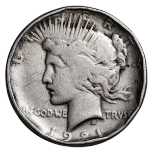 Front side of a 1921 Peace Silver Dollar featuring Lady Liberty with a radiating crown and the year 1921.