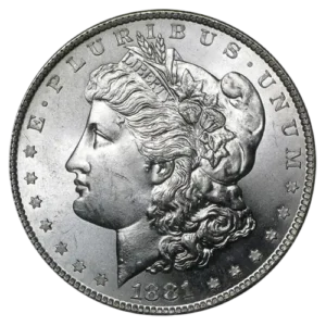 Front side of a pre-1921 Morgan Silver Dollar showing Lady Liberty's profile and the mint year.